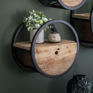 M&S Etagère murale ronde 40x25x40 cm en bois brut et métal - round
