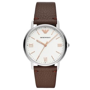 Emporio Armani Montre AR11173 - Bracelet Cuir Marron Boitier Acier Argenté Homme