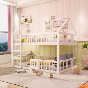 Lit superposé 140x200cm, lit cabane enfant avec échelle, 1x sommier à lattes, design loft, en bois massif, blanc