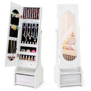 COSTWAY Armoire à Bijoux pour Enfants 31,5x30x105CM - Miroir sur Pied - Bac de Rangement - 2 Tiroirs - 2 Angles d¿Inclinaison Blanc