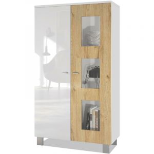 Vitrine Armoire haute Commode Denjo en Blanc mat - haute brillance - Porte en Chêne Nature sans éclairage led - Porte en Chêne Nature sans éclairage