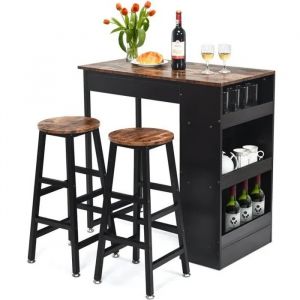 COSTWAY Ensemble de Table Haute de Bar 3 Pi&egrave;ces, avec 2 Tabourets de H70cm, &Eacute;tag&egrave;re Lat&eacute;rale &agrave; 3 Niveaux, pour Cuisine, Restaurant