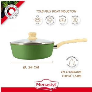 Menastyl Sauteuse olive 24cm en aluminium induction avec couvercle en verre