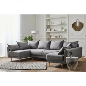 Image de Hanne Canapé d'angle panoramique en U convertible avec coffre 7 places style scandinave Couleur Gris clair