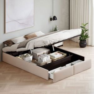 Lit 140x190 cm - ORWX06 - Hydraulique - Avec tiroirs - Style moderne beige lin