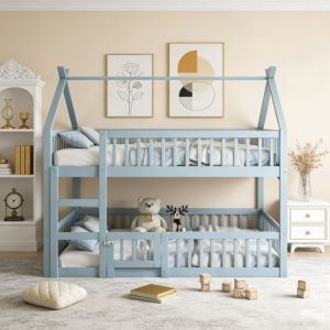 Lit superpos&eacute; enfant 140x200 cm, avec escalier, style mezzanine, cadre de lit en bois massif, lit enfant, gris