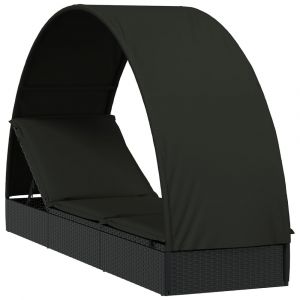 Transat chaise longue bain de soleil lit de jardin terrasse meuble d'extérieur avec toit rond noir 211x57x140 cm résine tressée 02_0012697