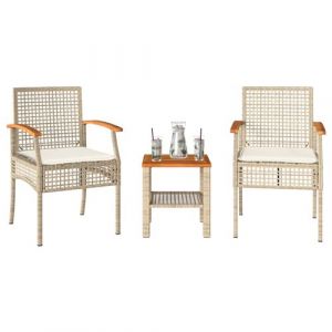 VidaXL Ensemble de Bistro 3 pcs Coussins, Chaises et Table de Patio, Meubles de Terrasse Arrière-cour Extérieur, Beige Résine Tressée Acacia