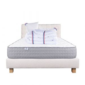 Ensemble Matelas 160x200 cm, Zen, 20 cm, ferme, face été/hiver + sommier beige ep20cm + 2 oreillers + couette + Tête de Lit