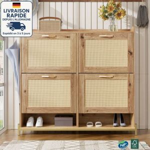 Meuble &agrave; chaussures 4 portes - coffre &agrave; chaussures en rotin avec poign&eacute;es en m&eacute;tal - &Eacute;conomisez de l'espace - Bois Certifi&eacute; PEFC - 108,5 cm (24 x 100