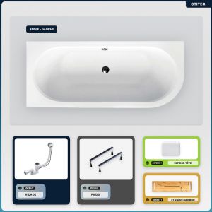 Baignoire asymétrique - 160 x 75 cm - Gauche - sans Habillage - avec Pieds - Repose-tête - Étagère bambou - Vidage Chrome - AVITA