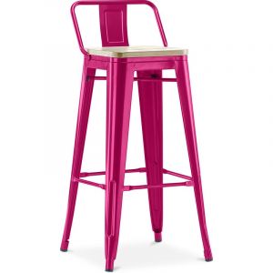 Tabouret De Bar Avec Petit Dossier Bistrot Metalix Design Industriel En Métal Et Bois Clair - 76 Cm - Nouvelle Édition Fuchsia