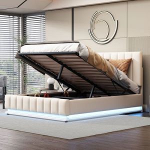 Oem Lit coffre - PDZZZD - 140x200 cm - Beige - Sommier &agrave; lattes - T&ecirc;te rembourr&eacute;e r&eacute;glable