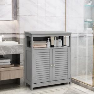 Costway Meuble De Rangement Pour Salle De Bain En Bois Avec Placard 2 Portes À Volet Etagère Réglable Pour Salle De Bain Salon Gris