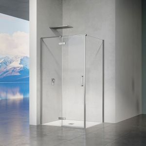 Cabine de douche avec porte à charnières et paroi latérale hauteur 195cm profilés chromé aspect inox 140x80 - Grand Verre