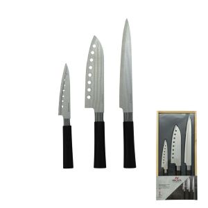 Fackelmann Nirosta 681476 Coffret de 3 couteaux style Japonais en acier Santoku, Gyuto et Honesuki, couteaux japonais, couteaux de chef japonais, Inox, Plastique, Métal, Noir, de 23,4 cm à 33,3 cm