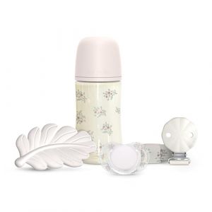 Suavinex Set cadeau panier bébé + 0 mois et nouveau-nés, tétine 0/6 mois avec tétine SX Pro + tétine en tissu + biberon anti-colique avec tétine SX Pro Débit moyen (M) 270 ml + anneau de dentition