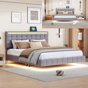 Lit adulte 160x200 cm avec LED - lit double avec sommier &agrave; lattes - conception flottante - tissu en lin - gris