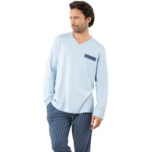 Eminence Pyjama long col V homme Coton Bio bleu