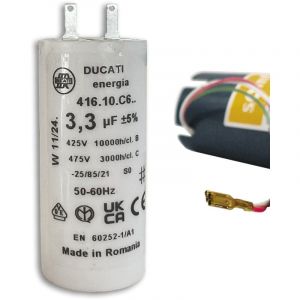 Condensateur 3,3 µF – Moteur de volet roulant ou store – Compatible somfy – Cylindrique – 2 cosses Faston 2,8 mm – 450V – Haute performance