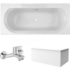 Jacob Delafon Pack baignoire droite 170 x 75 Elise + tablier en angle + mitigeur bain douche mural Aimé chromé + vidage
