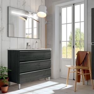 Meuble de salle de bain simple vasque - 3 tiroirs - ebony (bois noir) - palma et miroir Led stam - 100cm