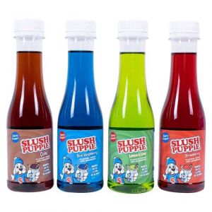 Fizz creations ltd SLUSH PUPPiE Zero Lot de 4 sirops Saveurs Cola, Framboise bleue, Citron et Citron Vert et Fraise Coffret cadeau Zéro sucre Slush Puppy Lot de 4 x 180 ml Produit officiel SLUSH PUPPiE