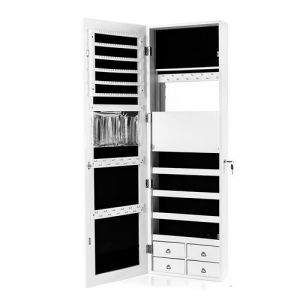 Armoire giantex à bijoux murale/à suspendre LED,4 tiroirs, 4 etagères et 1 abattant intégré pour bijoux et cosmétiques blanc