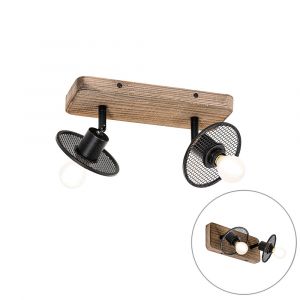 Qazqa Spot de plafond industriel noir avec bois 2 lumières - Jasmine