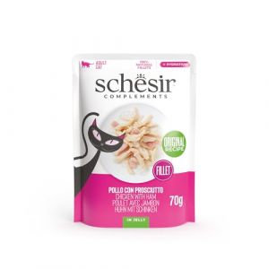 Schesir Filets de Poulet au Jambon en gel&eacute;e, Nourriture Humide compl&eacute;mentaire pour Chats, Recette Originale, 100% Naturelle, 12 enveloppes de 70 g