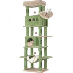 170 cm Grand Arbre &agrave; Chat, Tour &agrave; Chat pour Chats D'int&eacute;rieur, avec Grand Perchoir, Tapis Lavable, 2 Niches Chats, 8 Griffoirs, Hamac, Pompons, Vert
