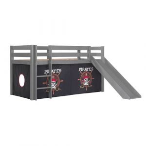 Lit Mi-Haut Tobogan Laqu&eacute; Gris 90x200cm Housse Pirates - SLEEPY - ALTOBUY