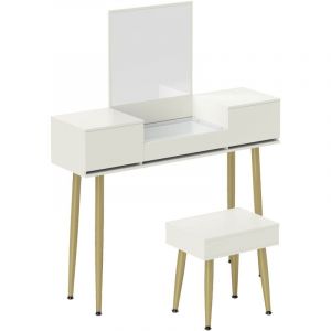 Homcom Ensemble coiffeuse tabouret coffre avec miroir design - 3 tiroirs, plateau verre trempé - métal doré blanc