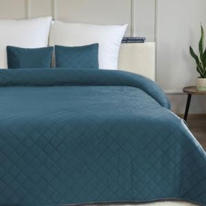 Couvre-Lit Quilt Matelass&eacute; avec 2 taies doreiller 40x40 cm- Velours Turquoise Fonc&eacute;- Amarante 180x220 cm