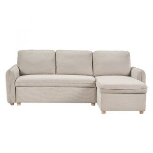 Miliboo Canap&eacute; d'angle convertible r&eacute;versible avec coffre 3 places en tissu chenille beige et bois clair ORSO