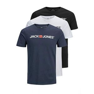 Jack & Jones JJECORP Logo Tee SS Crew Neck 3PK MP T-Shirt, Blanc/Pack : 1 Noir, 1 Bleu Marine, 1 Blanc, M Homme
