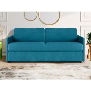 Canapé 4 places convertible express en tissu bleu turquoise - Couchage à lattes larges 160 cm - Matelas 14 cm CALIFE