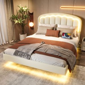 Lit double adulte 160x200 cm, bande lumineuse led, lit rembourré, pu, sans matelas, blanc