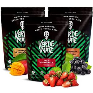 Yerba maté fruité | Yerba maté aux fruits | Verde Mate Green Mango & Maracuya, Melocoton, Very Strawberry | Yerba maté brésilien vert | Goût doux | Café naturel | Thé Yerba mate | 3 x 500 g