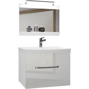 Meuble de Salle de Bain Lavabo Inclus, Meuble sous-Vasque et Miroir de Salle de Bains Largeur: 60 cm Kit d'éclairage Inclus Couleur : Blanc très