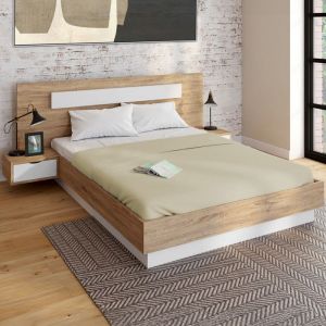 Idmarket Lit double santa avec tête de lit + tables de chevet intégrées et sommier 160 x 200 cm bois et blanc