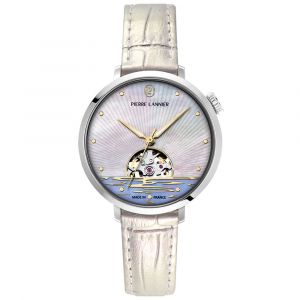 Pierre Lannier Montre Femme Australe Argenté Cadran Blanc Bracelet Cuir Blanc 14 Mm