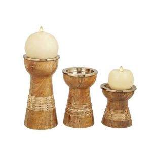 Romimex Set de photophores Marron doré Bois métal 10 x 10 x 10 cm 10 x 10 x 20 cm 10 x 10 x 16 cm 3 pièces