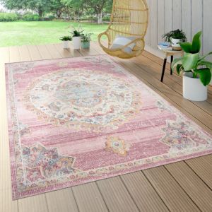 Tapis Exterieur Terrasse Balcon Tapis Cuisine Motif Oriental Bordure Rose Bleu 160 cm rond - Paco Home