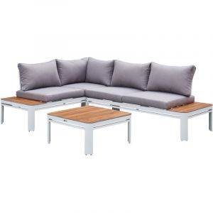 Axi Eos Salon de jardin avec chaise longue intégrée Ensemble de salon de jardin en aluminium & PSPC en Blanc & look bois Ensemble Table et Chaise de