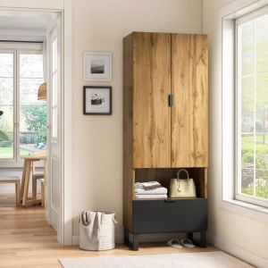 Armoire-penderie - avec 1 tiroir, un compartiment avec étagères réglables, avec tringle à vêtements - 180x65x38cm - Naturel