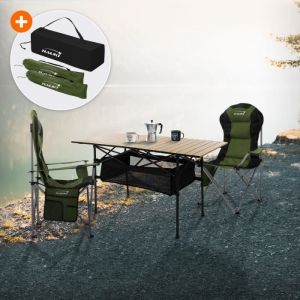 Set de Meubles de Camping, 3 Pi&egrave;ces, Table en Aluminium, Beige, 2 Chaises de P&ecirc;che Pliantes Kaki, Ensemble Pratique avec Sac de Transport, pour 2