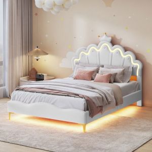 Lit enfant 140x200 cm - ADWOLT - Couronne princesse - LED int&eacute;gr&eacute;e - T&ecirc;te r&eacute;glable - PU blanc