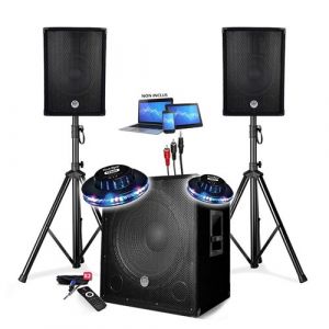 SONO Système triphonique 1800W USB Bluetooth + PIEDS + CABLES et 2 OVNI LED offerts - PA DJ SONO MIX Soirée disco mobile Club