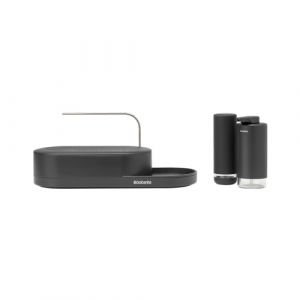 Brabantia SinkStyle Organiseur Lot de 3 pièces avec Organiseur d'Évier, Distributeur de Savon et Distributeur Liquide Vaisselle -Design Compact, Bac d'Égouttage avec Flux d'Air, Plateau Antidérapant